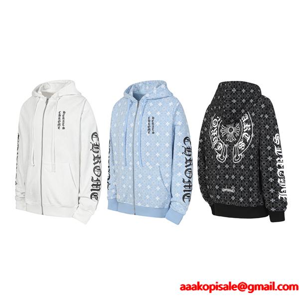 クロムハーツ コピー Chrome Hearts パーカー 話題 ホワイト × スカイブルー 星柄フルジップ 快適着心地 2025秋冬注目 