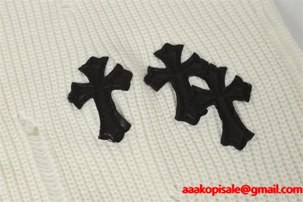レアスタイル ホワイト ダメージ加工 クロス刺繍 2025秋冬対応 クロムハーツ 偽物 Chrome Hearts ニット