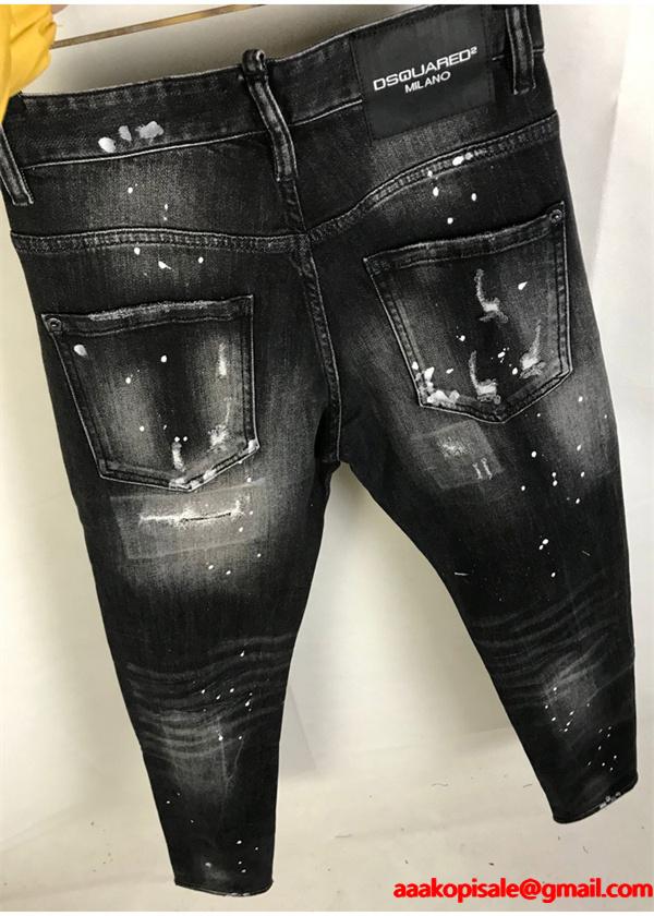 Dsquared2 激安 ブラック ダメージデニム メンズ ペンキ加工 ヴィンテージ スキニーフィット ジーンズ