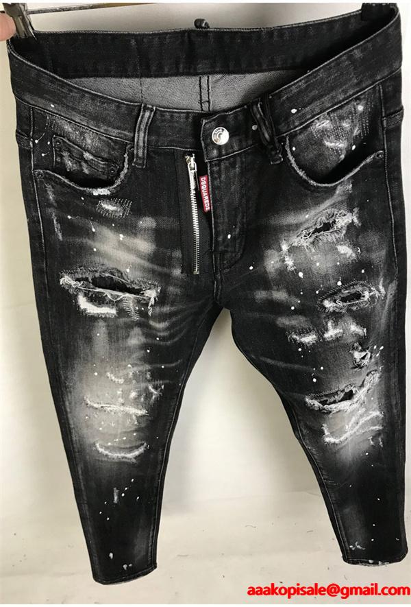Dsquared2 激安 ブラック ダメージデニム メンズ ペンキ加工 ヴィンテージ スキニーフィット ジーンズ