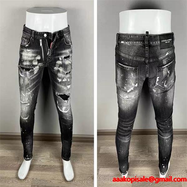 Dsquared2 激安 ブラック ダメージデニム メンズ ペンキ加工 ヴィンテージ スキニーフィット ジーンズ