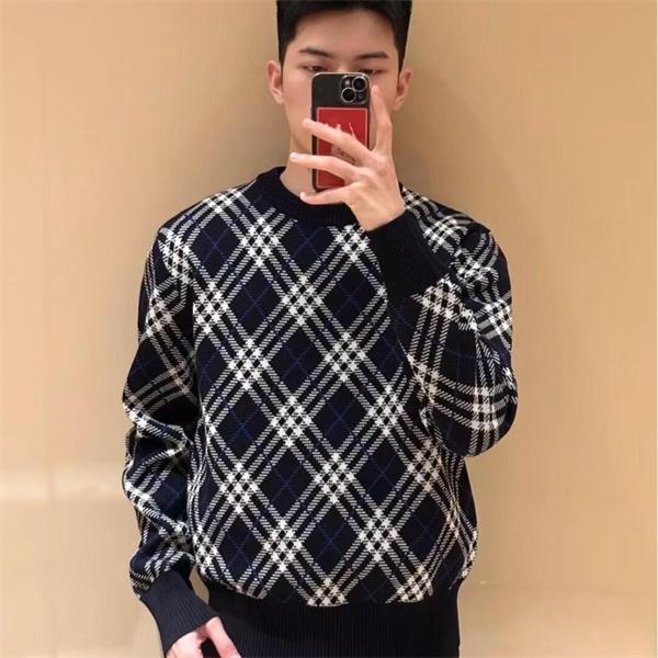 Burberry 紺色格子柄デザイン 秋冬大人気定番 バーバリー 偽物 クルーネックニット スーパーコピークオリティ