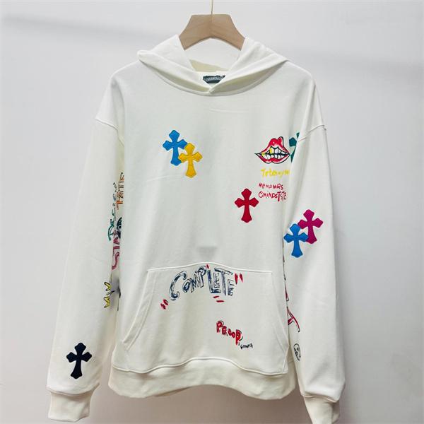 2025秋冬新作 ホワイト カラフル グラフィティ クロス刺繍デザイン Chrome Hearts クロムハーツ 偽物 パーカー