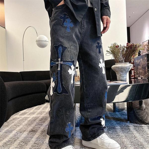 2025秋冬限定 ブラック ブルー ホワイト クロス刺繍デザイン Chrome Hearts クロムハーツ 偽物 デニムパンツ