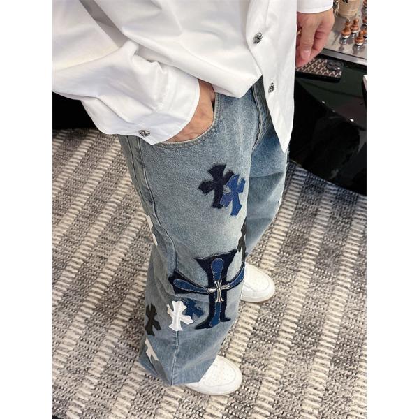2025秋冬限定 ブラック ブルー ホワイト クロス刺繍デザイン Chrome Hearts クロムハーツ 偽物 デニムパンツ