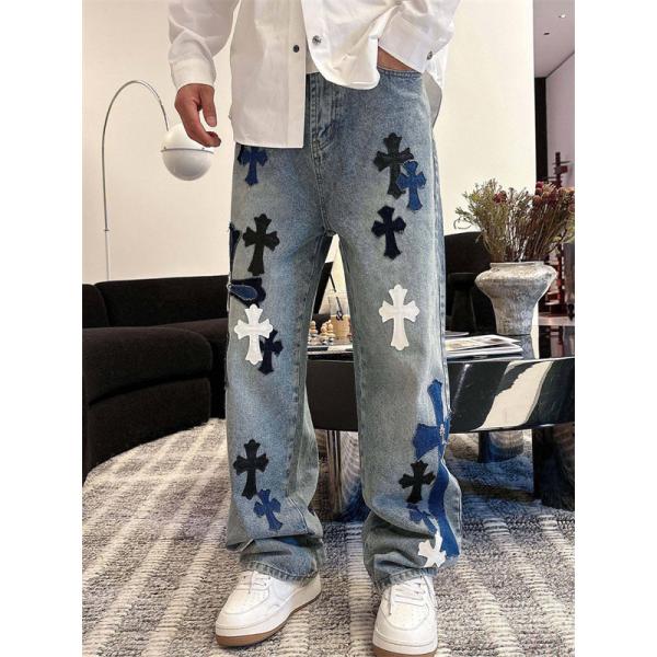 2025秋冬限定 ブラック ブルー ホワイト クロス刺繍デザイン Chrome Hearts クロムハーツ 偽物 デニムパンツ