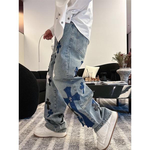 2025秋冬限定 ブラック ブルー ホワイト クロス刺繍デザイン Chrome Hearts クロムハーツ 偽物 デニムパンツ