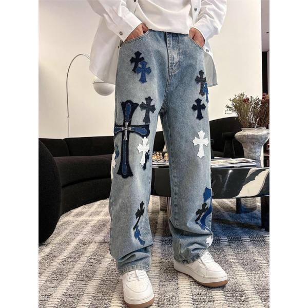 2025秋冬限定 ブラック ブルー ホワイト クロス刺繍デザイン Chrome Hearts クロムハーツ 偽物 デニムパンツ