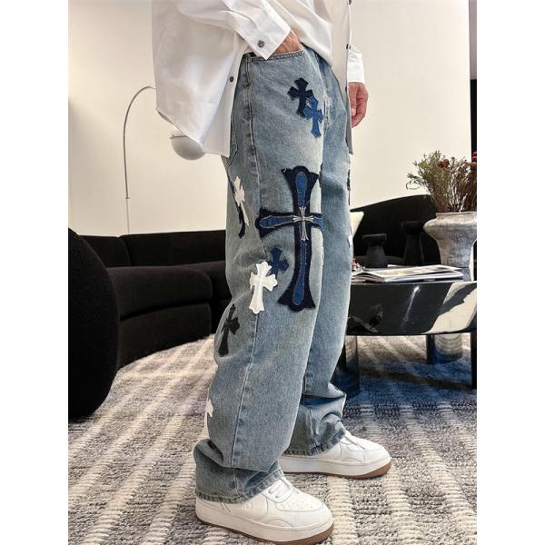 2025秋冬限定 ブラック ブルー ホワイト クロス刺繍デザイン Chrome Hearts クロムハーツ 偽物 デニムパンツ