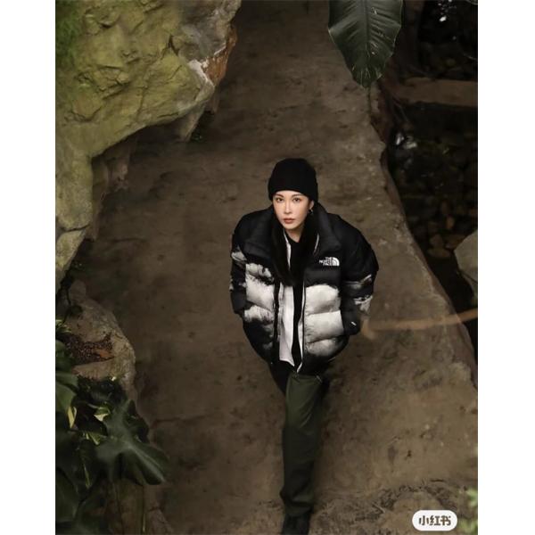 The North Face 偽物 雲柄ブラックダウンジャケット アーティスティック 2025秋冬個性 ザノースフェイス