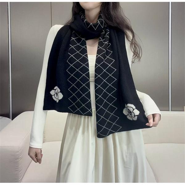 CHANEL シャネル カメリア＆キルティング柄 カシミヤマフラー 33×180cm 2025冬新作