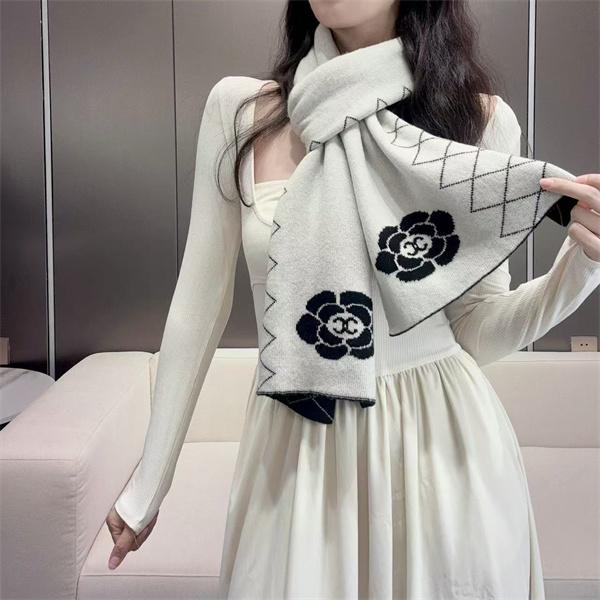 CHANEL シャネル カメリア＆キルティング柄 カシミヤマフラー 33×180cm 2025冬新作