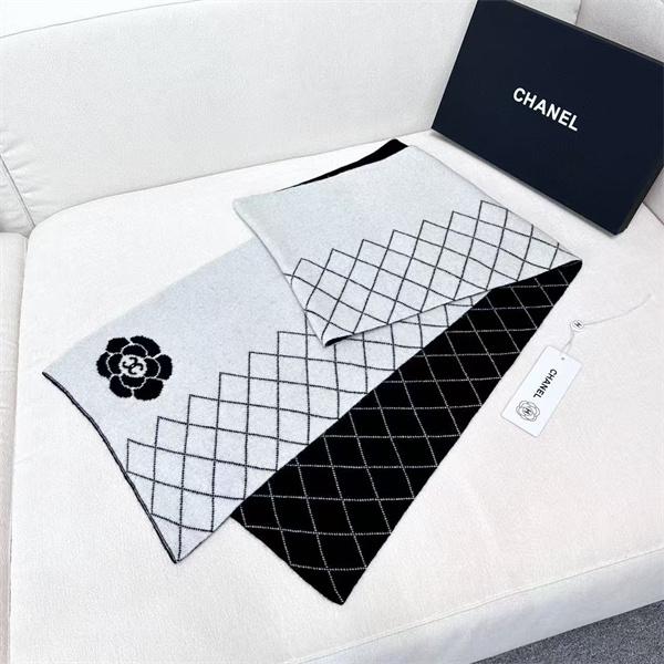 CHANEL シャネル カメリア＆キルティング柄 カシミヤマフラー 33×180cm 2025冬新作