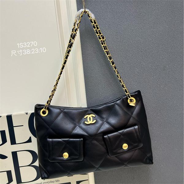 ブラックレザー ダブルポケット CHANEL シャネル ショルダーバッグ コピー レディース ユーティリティ