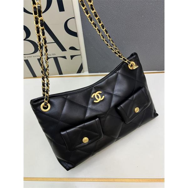 ブラックレザー ダブルポケット CHANEL シャネル ショルダーバッグ コピー レディース ユーティリティ