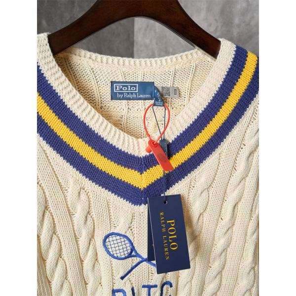 ベージュ テニスラケットプリント V 领 麻花纹 ニット ポロラルフローレン POLO RALPH LAUREN 偽物 秋冬 上品 