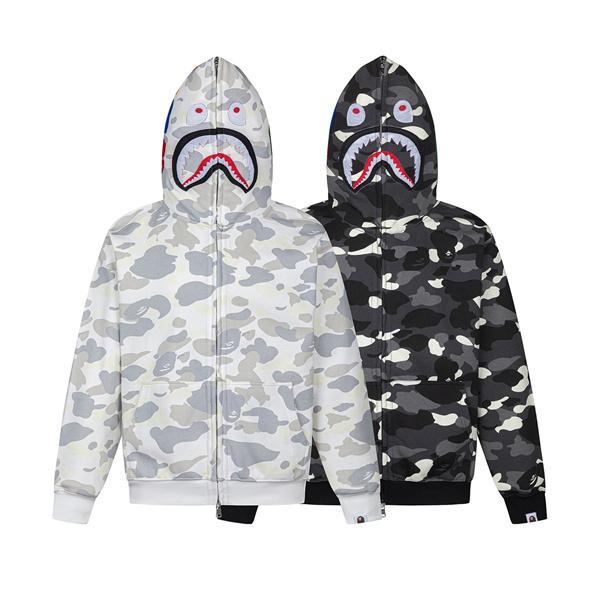 BAPE コピー 秋冬 復古 定番 グレー カモフラージュ シャーク 連帽 ジップアップ ベイプ