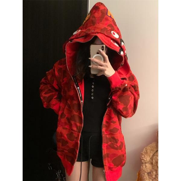 BAPE コピー 秋冬 復古 定番 グレー カモフラージュ シャーク 連帽 ジップアップ ベイプ