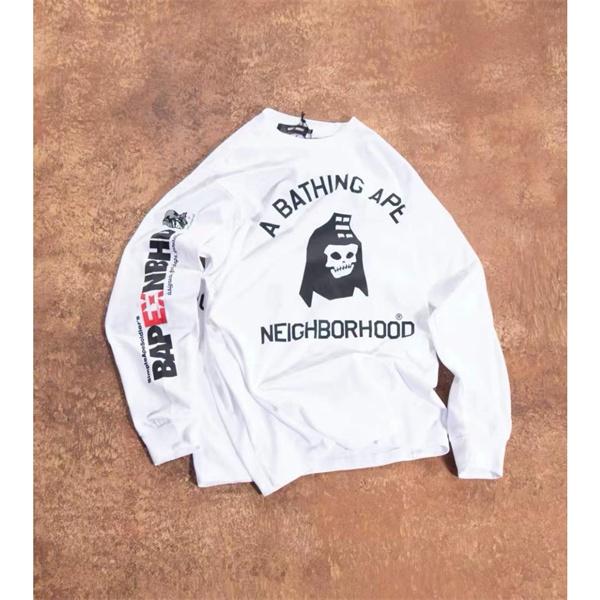ベイプ BAPE コピー 秋冬 高品質 ホワイト ネイバーフッド コラボ スカル猿人头 長袖 T シャツ