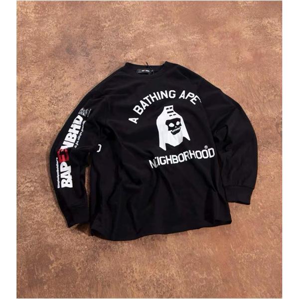 ベイプ BAPE コピー 秋冬 高品質 ホワイト ネイバーフッド コラボ スカル猿人头 長袖 T シャツ