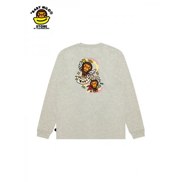 グレー × ブラック 天使 Milo プリント 長袖 T シャツ ベイプ BAPE 偽物 秋冬ストリートフェミニン 