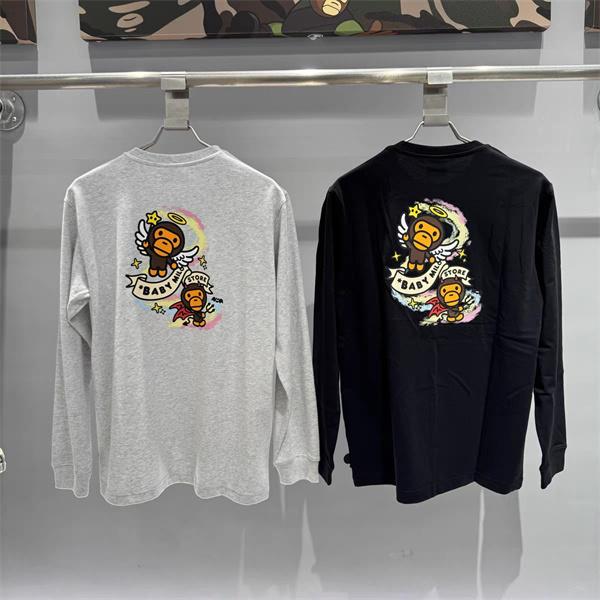 グレー × ブラック 天使 Milo プリント 長袖 T シャツ ベイプ BAPE 偽物 秋冬ストリートフェミニン 