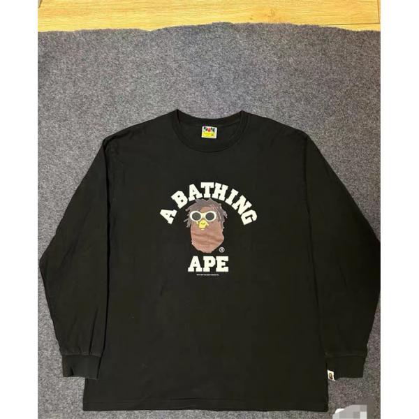  BAPE スーパーコピー 秋冬ストリートクール 定番 ホワイト メガネ猿人 ロゴ 長袖 T シャツ ベイプ