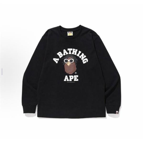  BAPE スーパーコピー 秋冬ストリートクール 定番 ホワイト メガネ猿人 ロゴ 長袖 T シャツ ベイプ