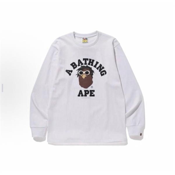  BAPE スーパーコピー 秋冬ストリートクール 定番 ホワイト メガネ猿人 ロゴ 長袖 T シャツ ベイプ