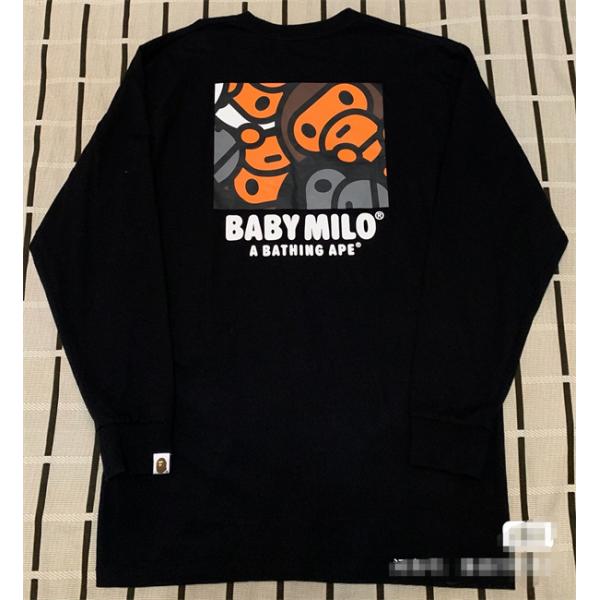 ホワイト × ブラック プリント 長袖 T シャツ ベイプ BAPE コピー 秋冬ストリート可愛らしい 