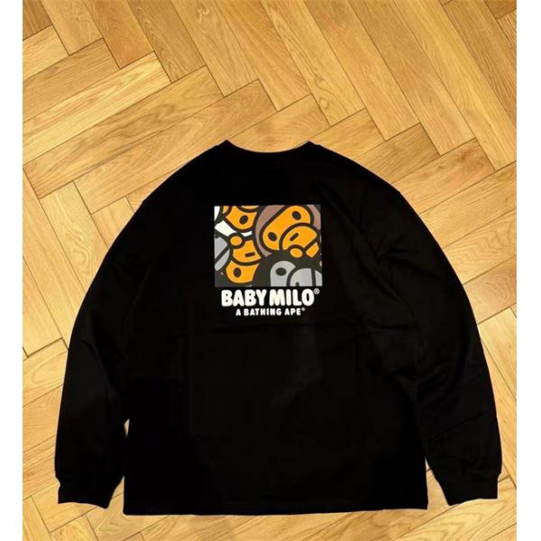 ホワイト × ブラック プリント 長袖 T シャツ ベイプ BAPE コピー 秋冬ストリート可愛らしい 