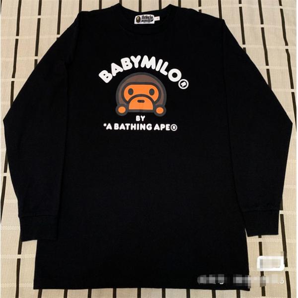 ホワイト × ブラック プリント 長袖 T シャツ ベイプ BAPE コピー 秋冬ストリート可愛らしい 