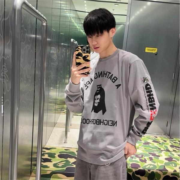 グレー コラボ スカル猿人 長袖 T シャツ ベイプ BAPE スーパーコピー 秋冬ストリートコラボ個性 