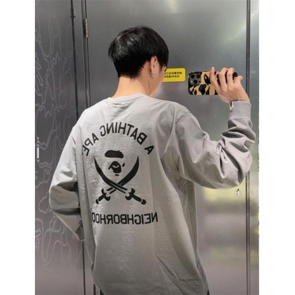グレー コラボ スカル猿人 長袖 T シャツ ベイプ BAPE スーパーコピー 秋冬ストリートコラボ個性 
