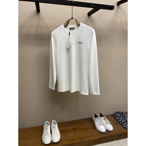  BALMAIN コピー 秋冬日常ベーシック 定番 ブラック × ホワイト 2 色 円领 ミニロゴ 長袖T シャツ バルマン