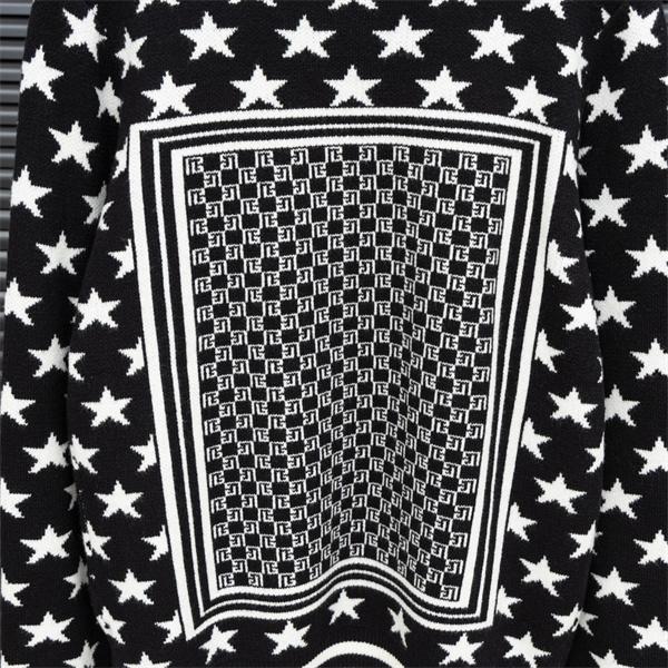  BALMAIN コピー 秋冬デザイン ブラック × ホワイト 星柄 × 幾何ロゴ ニットセーター バルマン