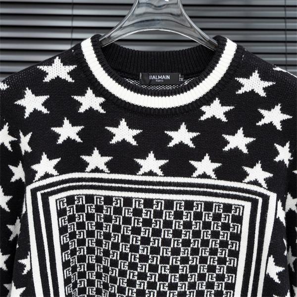  BALMAIN コピー 秋冬デザイン ブラック × ホワイト 星柄 × 幾何ロゴ ニットセーター バルマン
