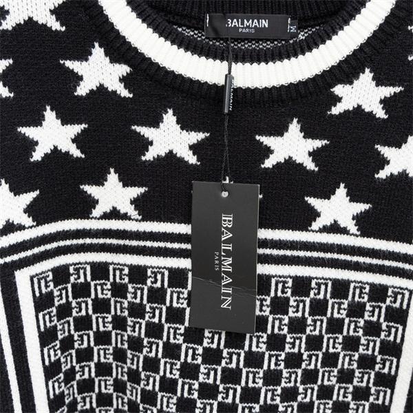  BALMAIN コピー 秋冬デザイン ブラック × ホワイト 星柄 × 幾何ロゴ ニットセーター バルマン