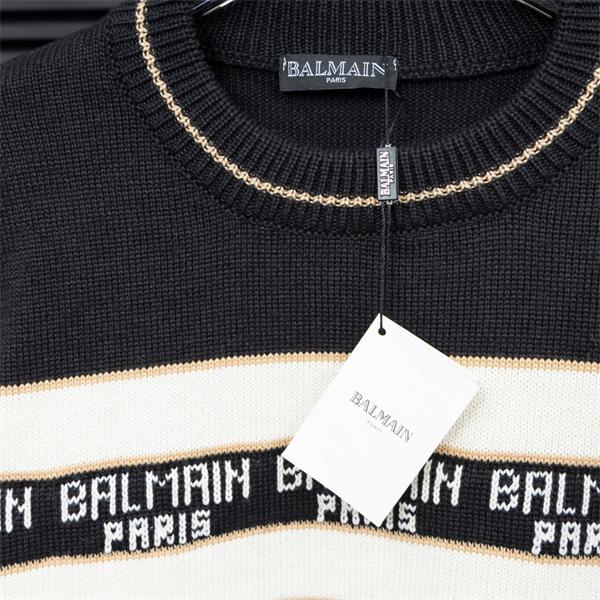 BALMAIN 偽物 秋冬ブランド 上質 ブラック × ホワイト ストライプ满印ロゴ ニットセーター バルマン