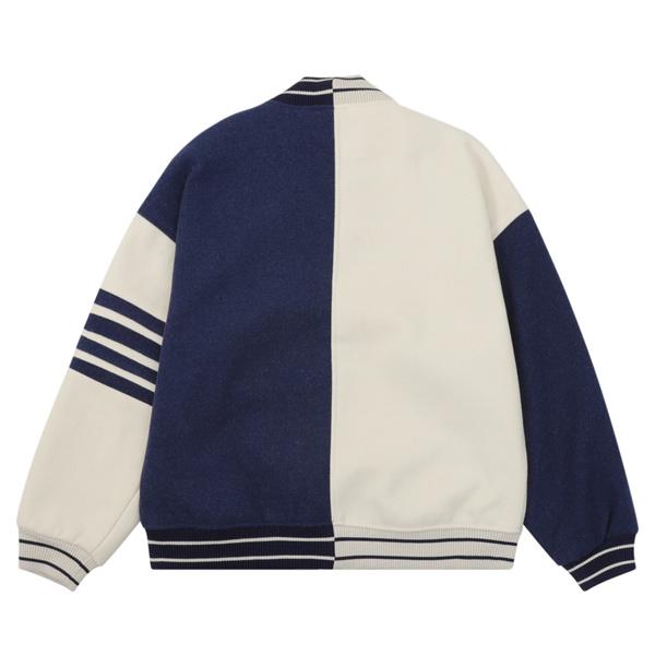 Thom Browne コピー 2025秋冬 人気 ベージュ × ネイビー シンメトリック ベースボールジャケット トムブラウン