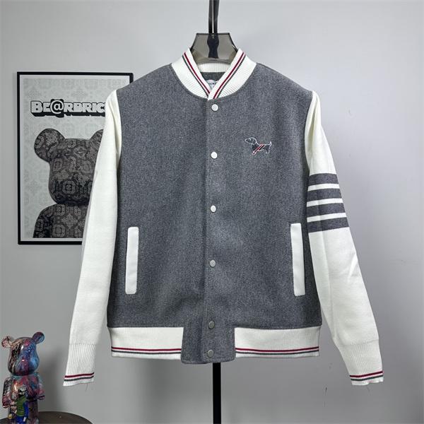 トムブラウン Thom Browne 偽物 秋冬キュート 話題 グレー × ホワイト 子犬刺繍 ベースボールジャケット 