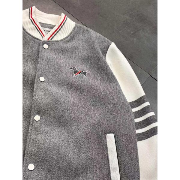 トムブラウン Thom Browne 偽物 秋冬キュート 話題 グレー × ホワイト 子犬刺繍 ベースボールジャケット 