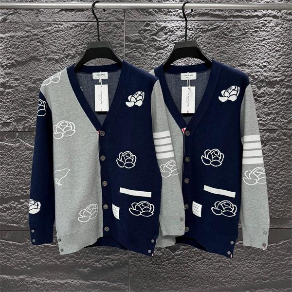 Thom Browne 偽物 秋冬ロマンティック 新作 ネイビー × グレー バラ刺繍  V 领 カーディガン トムブラウン