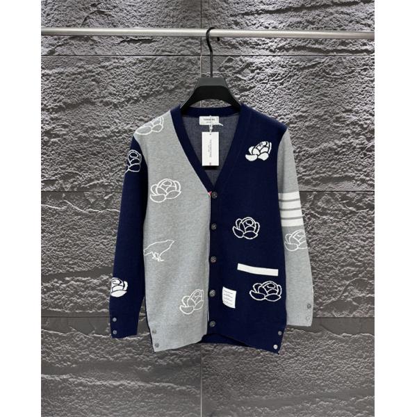 Thom Browne 偽物 秋冬ロマンティック 新作 ネイビー × グレー バラ刺繍  V 领 カーディガン トムブラウン