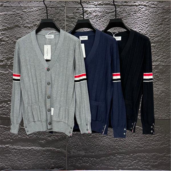 グレー × ネイビー × ブラック 3 色 リブ柄 红白条纹袖 カーディガン トムブラウン Thom Browne 偽物 秋冬洗練された 万能