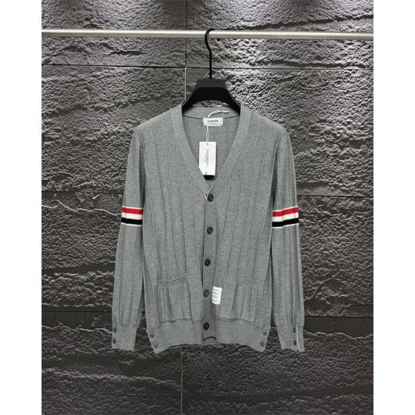 グレー × ネイビー × ブラック 3 色 リブ柄 红白条纹袖 カーディガン トムブラウン Thom Browne 偽物 秋冬洗練された 万能