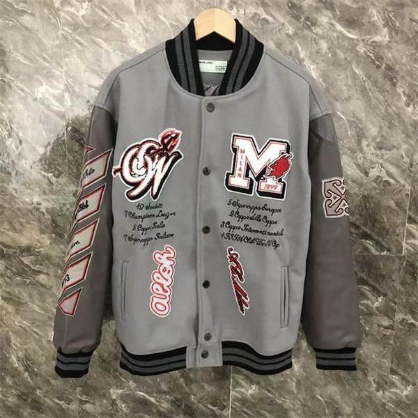 グレー × レッド ベースボールジャケット Off-White コピー 2025秋冬限定デザイン オフホワイト