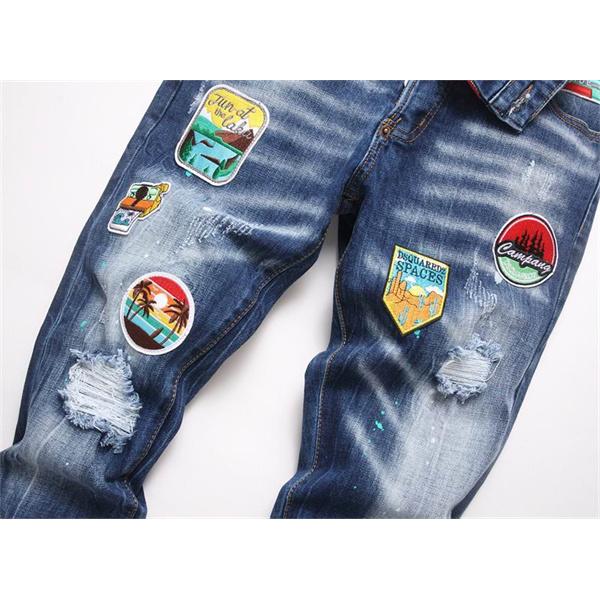 ライトブルー カラフルバッジ ダメージ デニムパンツ ディースクエアード DSQUARED2 偽物 秋冬 ポップで活気ある 人気