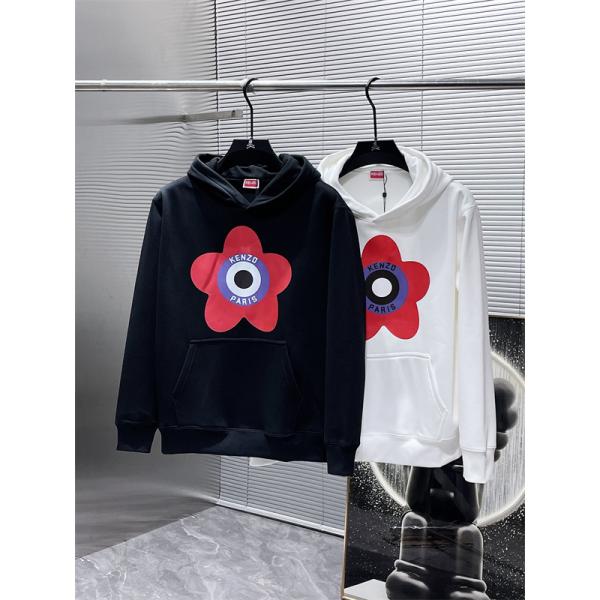 ケンゾー ホワイト 赤フラワー × サークル KENZOロゴ パーカースウェット コピー 秋冬 活発な 定番