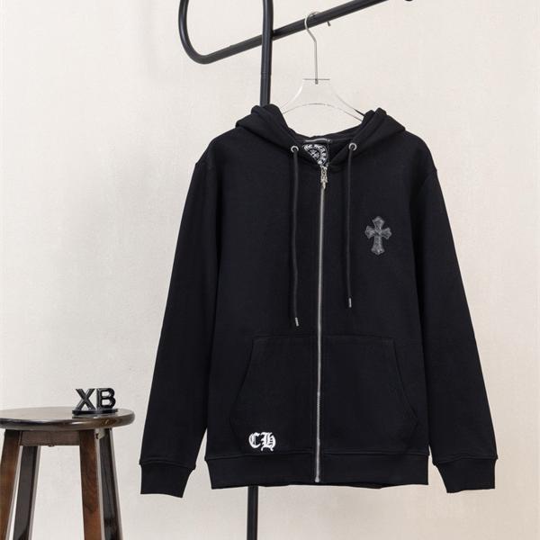 クロムハーツ コピー Chrome Hearts パーカー 新作 ブラック 十字刺繍 小ロゴ 快適フルジップ 秋冬注目トレンド